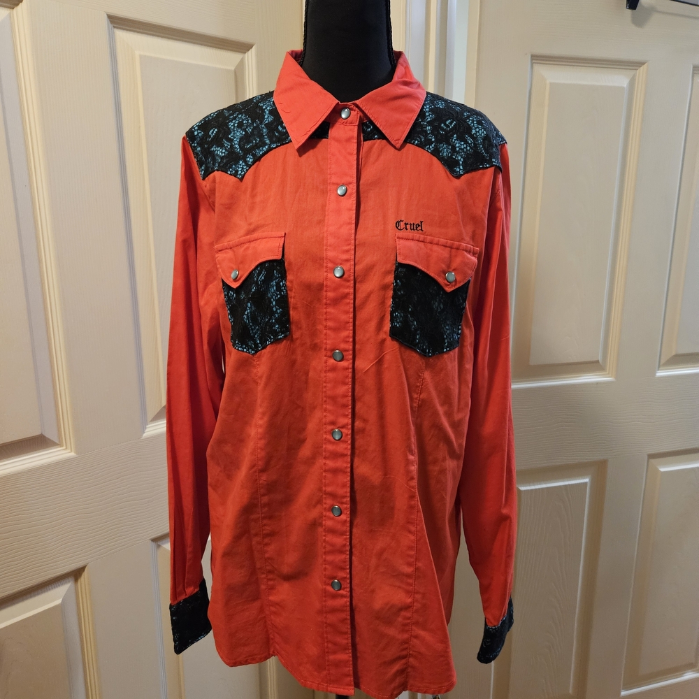 Arena Fit Women's Western Shirt Red Black Lace Teal Blue Pearl Snaps XL
